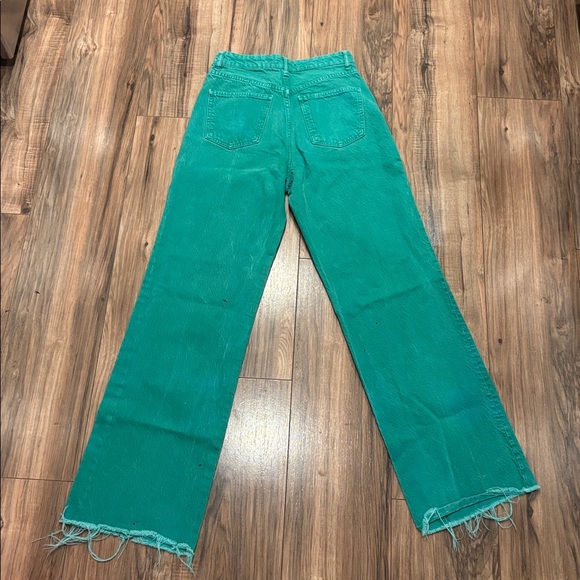 Zara Green Jeans Sz 4 Wide Leg Distressed Christmas Holiday Jean Denim Frayed - Picture 2 of 8